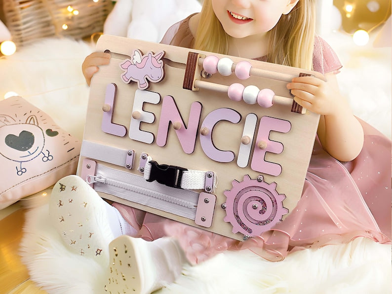 Wooden Busy Board, Personalized Name Puzzle with Pegs for Nursery Decor, Perfect Baby Christmas Gift & 1st Birthday Gift for Boys
